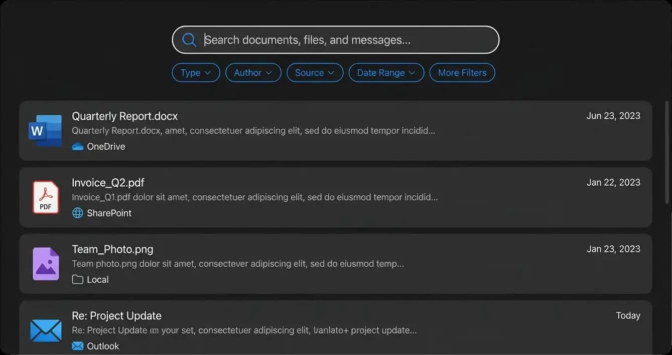 SearchPoint showing unified results across local folders and cloud drives.